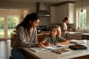 Guia completo sobre o intercâmbio Au Pair: uma jovem cuidando de crianças da família anfitriã.