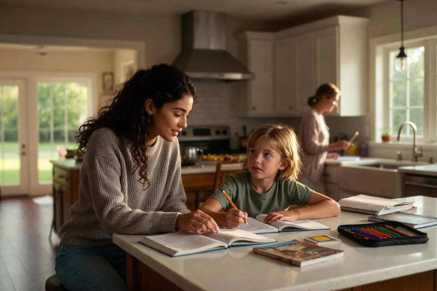 Guia completo sobre o intercâmbio Au Pair: uma jovem cuidando de crianças da família anfitriã.