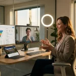 Franquia de Intercâmbio sendo fechada em videochamada de trabalho em um escritório moderno, com múltiplos monitores exibindo um funil de vendas e participantes.