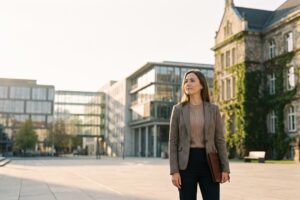 Estudante em uma escola de negócios internacional na Europa
