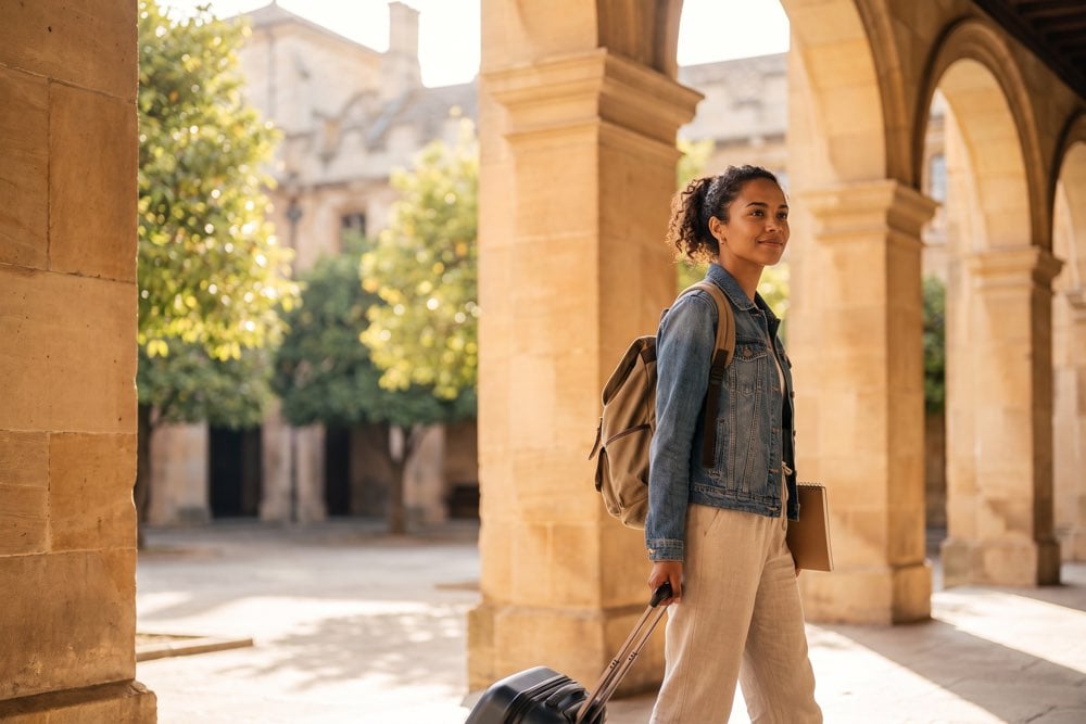 Estudante brasileira com mochila e mala caminhando pelo pátio de uma universidade europeia, representando a faculdade multicampi em 4 países